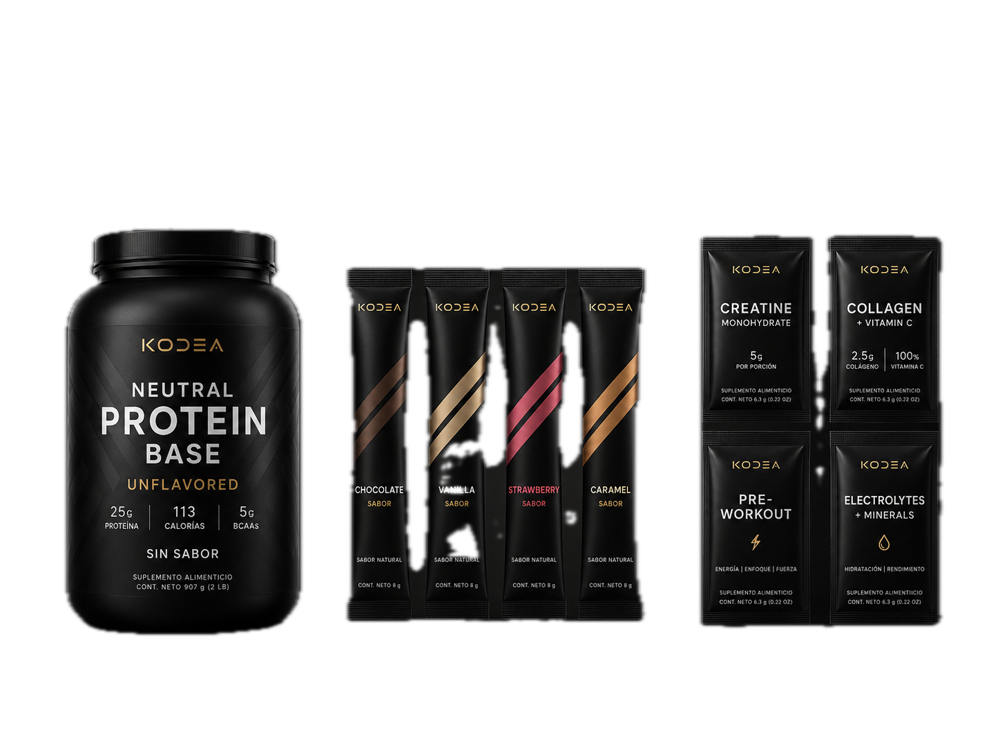 El sistema KODEA: base de proteína neutra, sticks de sabor y sobres de boosters